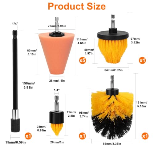 Linkstyle Car Wheel Drill Polishing Pads Kit, 5PCS Foam Buffing Cone, 3PCS Drill Brush Cleaning Attachments, 1/4" Hex Extension Holder, for Car Rims, Exhaust Tips, Metal, Motorcycle