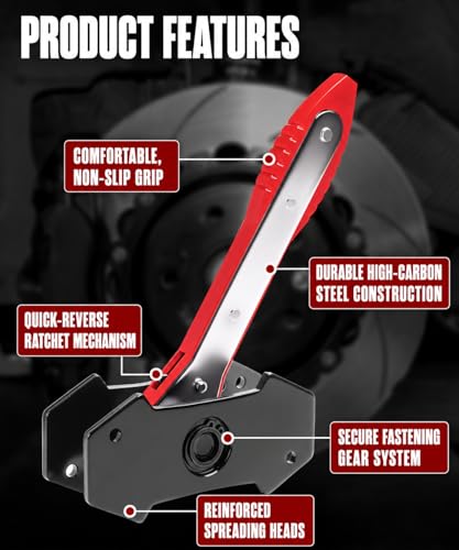Brake Tools, Brake Caliper Compression Tool,360° Swing Ratchet Switch With Additional 2 pcs Large Steel Plate and 2 Hooks Nylon Grip Work Gloves for Single/Twin/Quad Piston,Car,Truck,SUV(Red)