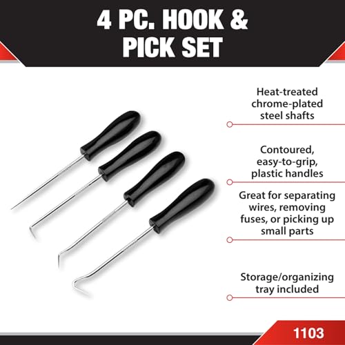 Performance Tool 1103 4-Piece Hook & Pick Set - Mark Metal or Plastic, Separate Wiring, Remove Fuses, Pick Up Small Parts and Washers - size: 1 Count (Pack of 1)