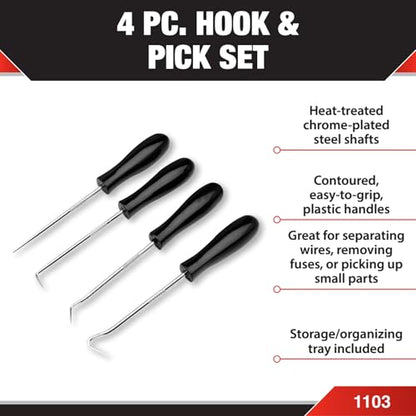 Performance Tool 1103 4-Piece Hook & Pick Set - Mark Metal or Plastic, Separate Wiring, Remove Fuses, Pick Up Small Parts and Washers - size: 1 Count (Pack of 1)
