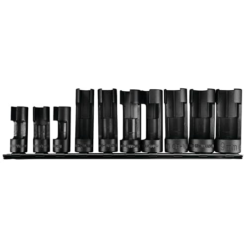 Performance Tool W84027 10 pc. 3/8-in. Dr. Flare Nut Socket Set for Tight Spaces: 10-19mm Sizes, Useful for Sensors, ABS, Master Cylinders, Chrome Vanadium Steel, Black Phosphorus Finish