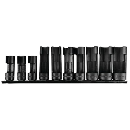 Performance Tool W84027 10 pc. 3/8-in. Dr. Flare Nut Socket Set for Tight Spaces: 10-19mm Sizes, Useful for Sensors, ABS, Master Cylinders, Chrome Vanadium Steel, Black Phosphorus Finish