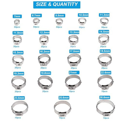 520 Pcs PEX Cinch clamps Ring, 20 Sizes 1/4-1 Inch Stainless Steel Single Ear Stepless Hose Clamps Assortment Kit for Water Pipe, Plumbing and Automotive Use - size: 20 Sizes (6-28.6 mm) without Pincer