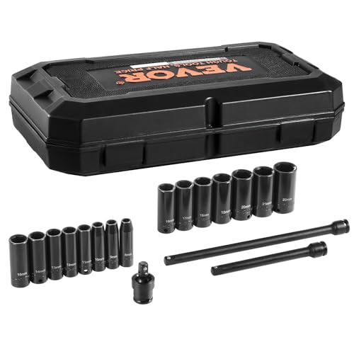 VEVOR Drive Impact Socket Set 3/8" - 18 Piece Deep Socket Set Metric 8-22mm - 6 Point CR-V Alloy Steel for Auto Repair - Easy-to-Read Size Markings - Rugged Construction Includes Storage Case - style: 3/8" 18PCS