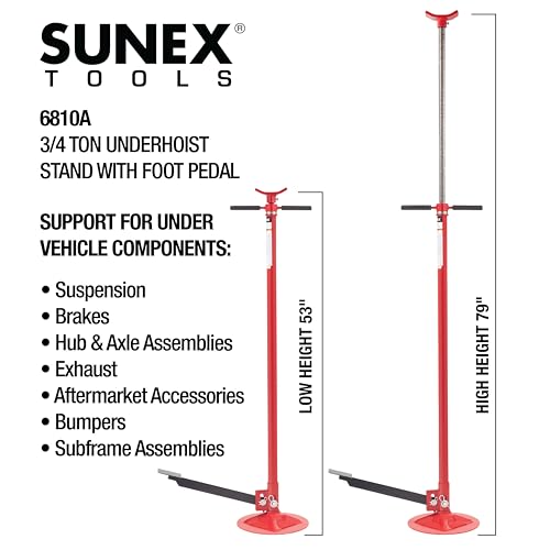 SUNEX TOOLS 6810A, Underhoist Support Stand with Foot Pedal, ¾ Ton Capacity, Large Base, Bearing Mounted Spin Handle, Height Adjustment Under Load, Lightweight, Supports Vehicle Components Only - size: With pedal