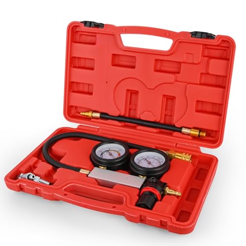 GOOACC Cylinder Leak Down Tester Kit - Dual Gauge Engine Diagnostics Tool for Gasoline Cars & Motorcycles - Detects Blown Head Gaskets & Valve Leaks with 10mm 12mm 14mm 18mm Adapters