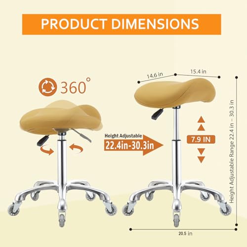 Saddle Stool Chair with Wheels,Ergonomic Swivel Rolling Height Adjustable for Salon Beauty Clinic Dentist Tattoo Home Office - color: Camel, size: No Backrest