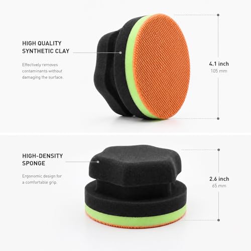 2 Pcs Synthetic Clay bar Pad for Car Detailing, 4.1" Honeycomb Clay Sponge with 12mm Rebound Foam, Paint Contaminant Removal & Surface Prep Tool for Waxing and Polishing