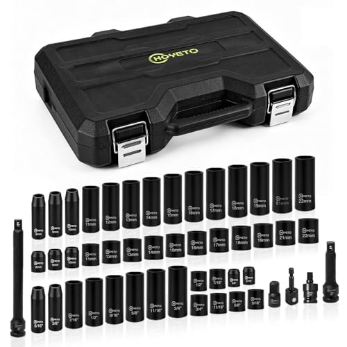 3/8" Drive Impact Socket Set,49 Piece Socket Set, SAE (5/16" to 3/4") and Metric (8–22 mm) Sizes with Deep & Shallow, 6 Point, Cr-V, Extension Bars, Universal Joint, Adapters - style: SS-D38-49PC