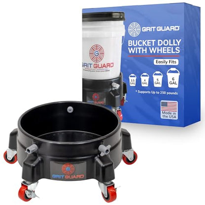 GRIT GUARD Bucket Dolly with Wheels - Rolling Detailing Wash Bucket with 5 Wheels and 2 Locking Casters Compatible with 2.5, 4, 5 and 6 Gallon Buckets (Black, 2" Red Casters) - Made in the USA - color: Black, size: 2" Red Casters