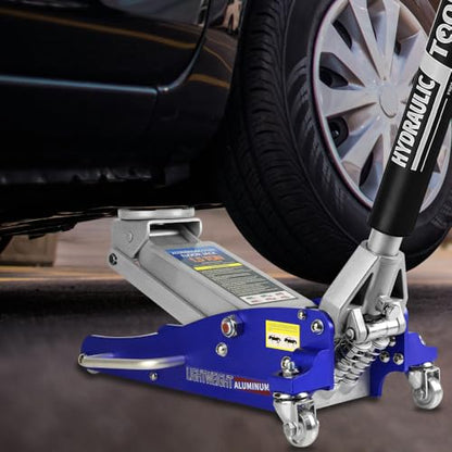 Hydraulic Low Profile Aluminum and Steel Racing Floor Jack with Dual Piston Quick Lift Pump and Dual Side Handles, 2.5 Ton (5,000 Lb) Capacity Lifting Range Between 3.74" to 18.7", Blue
