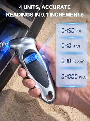 Digital Tire Pressure Gauge 150 PSI, Accurate in 0.1 Increments,1 Pack Tire Pressure Gauge with Backlight LCD, 4 Units (PSI/Bar/Kgf/cm²/KPA) Applicable to Car Truck Bicycle, Silver - color: Silver
