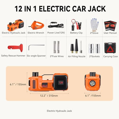 5-Ton Electric Hydraulic Car Jack with Built-in Air Pump and LED Light – 12V Portable Jack Lift for Sedans, SUVs, MPVs, and Trucks – Ideal for Tire Changes and Garage Repairs (with Electric Wrench)