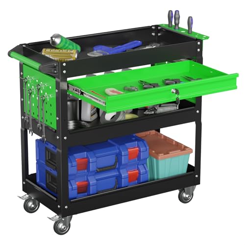 3-Tier Heavy Duty Utility Cart on Wheels, Rolling Tool Cart on Wheels with a Drawer, 350 Lbs Load Capacity Service Cart for Warehous, Garage and Repair Shop (Black&Green) - color: Black&green