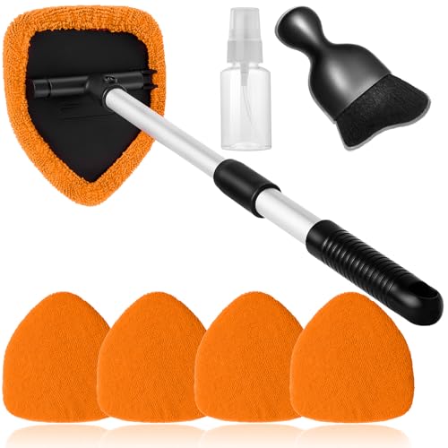 Qydipclin 7pcs Windshield Cleaner Tool Car Window Cleaning Wash Kit with 4 Reusable Microfiber Pads 1 Spray Bottle and Extendable Handle Auto Glass Wiper Kit, Orange - color: Orange