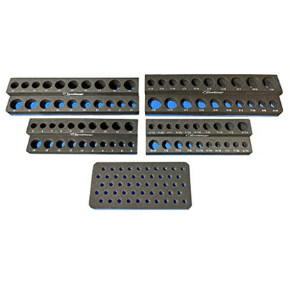 ToolGear Socket & Bit Organizer for Tool Box Drawer – Holds 80 Sockets + 50 Hex Screwdriver Bits, 1/4" & 3/8" Drive, Metric & SAE, Deep & Standard, Easy-Read Size Labels – Garage & Shop Storage Tray
