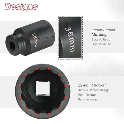 1/2-Inch Drive Impact Socket Set 4PCS 30mm 32mm 34mm 36mm | Heavy-Duty Deep Spindle Axle Nut Socket Set, CR-MO, Metric 12 Point, Professional Axle Nut Removal and Installation Kit