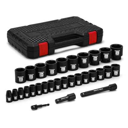 EMENTOL 30PCS 1/2" Drive Shallow Impact Socket Set, Metric, 10mm - 36mm, CR-MO, 6 Point, Includes 3-inch and 6-inch Imapct Extension Bars, 1/4"-1/2" Drill Adapter - size: 1/2" Drive (10mm-36mm),Shallow