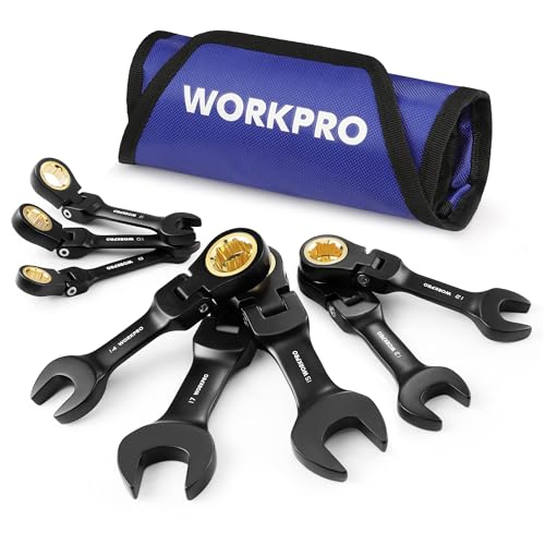 WORKPRO 8-Piece Stubby Flex-Head Ratcheting Wrench Set, Metric 8-17mm | Anti-slip, 72-Teeth, CRV, Black Electrophoretic Coating, for Mechanics, DIYers and Home Repairs, Includes Rolling Pouch - size: Metric, style: Black electroplating coating