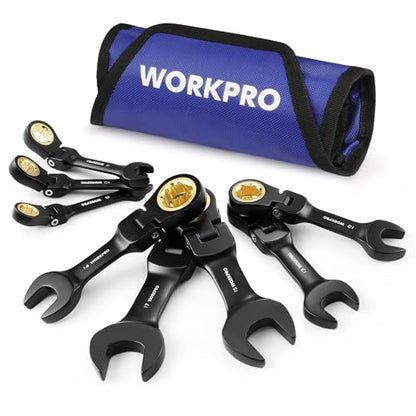 WORKPRO 8-Piece Stubby Anti-slip Ratcheting Combination Wrench Set, Metric 8-17 mm, 72-Teeth, CRV, Black Electrophoretic Coating, Flex-Head Wrench Set with Rolling Pouch - size: Metric, style: Black electroplating coating