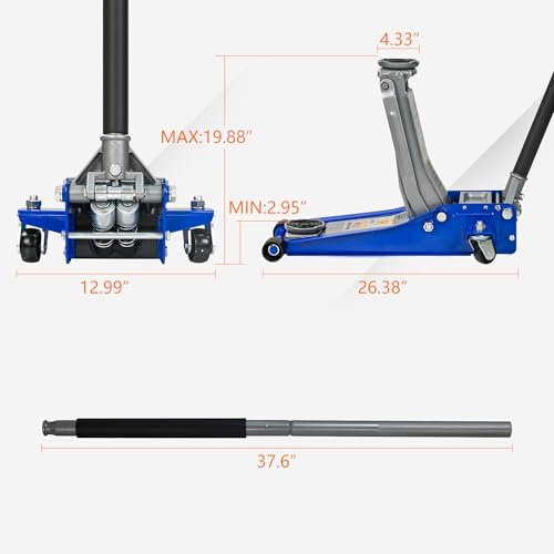 3-Ton Low-Profile Dual-Piston Floor Jack 3.1-18.7in Lift Range 6600-lb Capacity Aluminum Steel Blue Silver - color: Blue,Silver_1