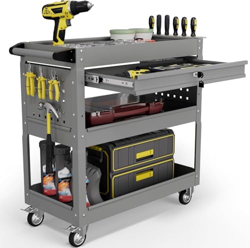 3 Tier Tool Cart on Wheels with Drawers - Three Tier Rolling Cart with Lockable Storage - Mechanic Tool Chest - Tool Chest with Wheels Used in Garage, Indoors, Workshop Gray - color: Gray