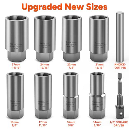 THINKWORK 1/2 Inch Drive Lug Nut Extractor Set, Large Sizes, 10pcs Wheel Lock Removal Kit, Deep Lug Nut Removal Tool for Damaged, Stripped, Rusted, Broken, Rounded Bolts, Nuts - size: W6159-10-PCS