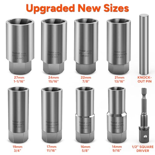 10-Piece Locking Lug Nut Removal Tool, 1/2" Drive Lug Nut Extractor Set | for Damaged, Rusted, Rounded-Off, Stripped Fasteners, Deep Well Design for Tight Spaces, 14-27mm, Cr-Mo Steel, Storage Case - size: W6159-10-PCS