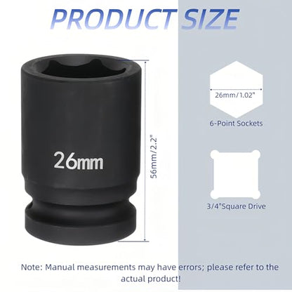 3/4"Drive x 26mm Metric, 6-Point Deep Impact Socket, Axle Nut Impact Socket | 40CR Alloy Steel,Clear labeling, Common Tools for Car Repair/Mechanical Work/Construction/Carpentry and Home Maintenance - size: 26mm