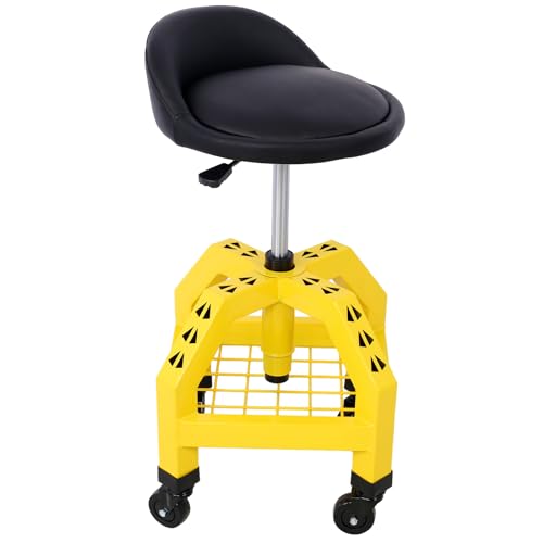 Rolling Shop Stool with Wheels, Garage Rolling Work Stools Swivel Shop Seat, Height Adjustable Auto Mechanic Stool Pneumatic Mechanic Chair with Tool Tray Storage, 300 Lbs Capacity (Yellow) - color: Yellow