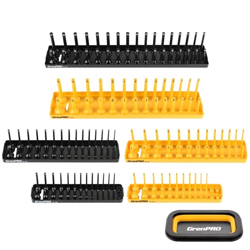 GRENPRO 7PCS Socket Organizer Tray Set with Mini Folding Tray, Yellow & Black Magnetic Socket Holder for 1/4", 3/8", 1/2" Drive Metric and SAE Sockets - style: 7-Piece Socket Holder