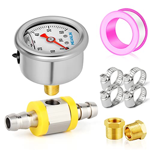 MEANLIN MEASURE 0-60Psi Stainless Steel Glycerin Filled Pressure Gauge 1/8" NPT 1.5" FACE DIAL, with 3/8" Barb Pressure Adapter Liquid Filled Pressure Gauge (9Pieces Kit, Back Mount) - size: 0-60Psi