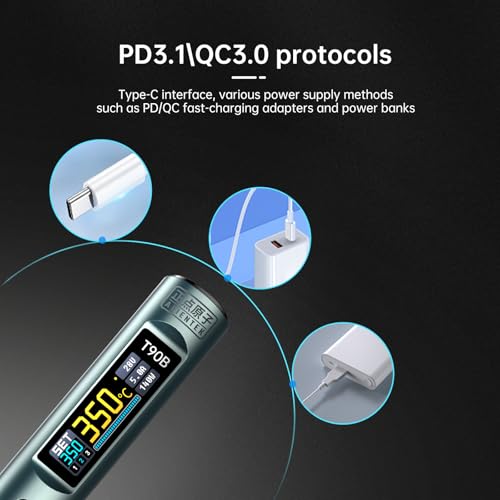 T90 Smart Soldering Iron 140W PD3.0 QC Fast Heating Digital Soldering Pen with LCD Display, Portable USB‑C Soldering Tool for Electronics Repair, DIY, PCB Soldering (T90B soldering iron Set))