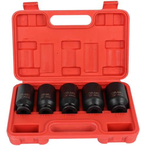 SCITOO 1/2 5PCS Drive Deep Impact Axle Hub Socket Set,Axle Nut Hub Impact,12 Point,30mm-36mm(30mm,32mm,34mm,35mm,36mm)