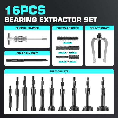 DNA Motoring 16 pcs Blind Hole Collet Bearing Seal Puller Extractor Set, Slide Hammer Pilot Insert Inner Internal Bearing Removal Tool Set, TOOLS-00573