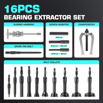 DNA Motoring 16 pcs Blind Hole Collet Bearing Seal Puller Extractor Set, Slide Hammer Pilot Insert Inner Internal Bearing Removal Tool Set, TOOLS-00573