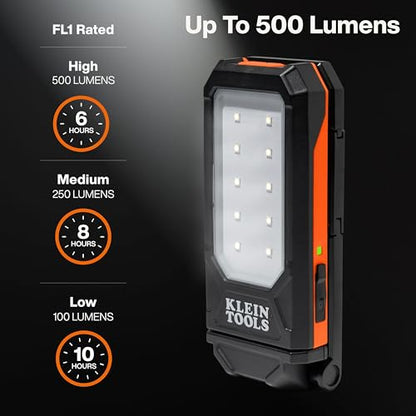 Klein Tools 56079 Slim Rechargeable Personal Work Light, 500-Lumen, Magnetic LED Portable Flashlight, 360-Degree Rotation and Carabiner, USB-C Rechargeable Inspection Light