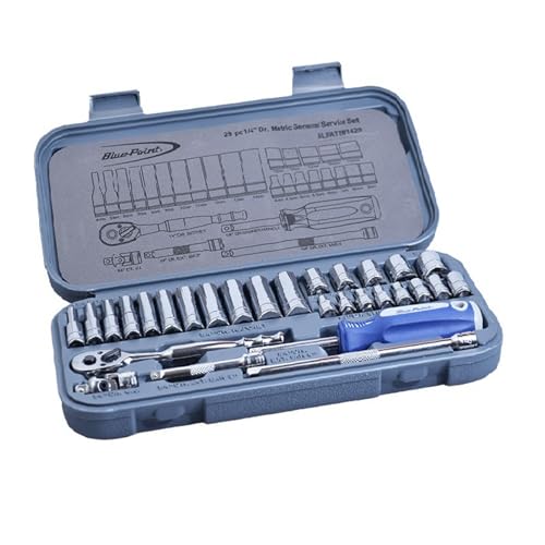 Blue Point BLPATSM1429 29-Piece 1/4" Drive Metric Socket Set, 6-Point Shallow & Deep Sockets 4-14mm, Quick Release Ratchet, Extension Bars, Universal Joint & Storage Case