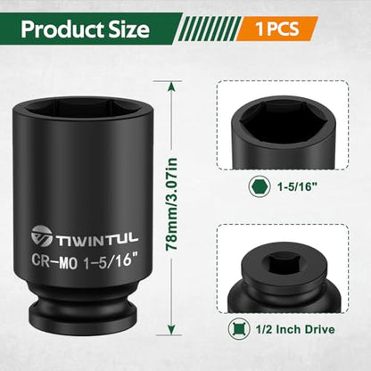 1-5/16" Deep Impact Socket 1/2 Inch Drive for Truck | CR-MO Steel Impact Socket, 3.07" Length, 6 Point Design, SAE Size, Axle Nut Socket for Easy Removal of Axle Shaft Nuts - size: 1-5/16" (Deep)