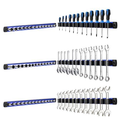 6 Piece Magnetic Tool Organizer Set, Holds Screwdrivers, Wrenches & Sockets (12-Slot Rail x3, L/M/S Socket Holders), Workshop Wall Mount, Space-Saving Tool Storage, Strong Grip (Tools Not Included) - color: Blue