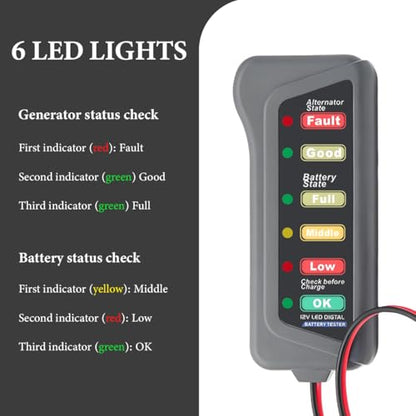 DXNQ Car Battery Alternator Tester, 12V Car Battery Load Tester, Auto Alternator Tester with 6 LED Indicator, Battery Tester for Testing Battery Condition & Alternator Charging for RV Golf SUV