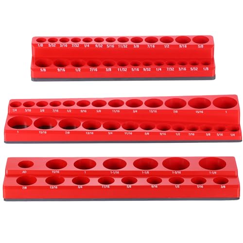 HARFINGTON 3pcs Magnetic Socket Organizer 1/4" 3/8" 1/2" Drive SAE Socket Holder Tray Socket Storage Rack Holds 68 Standard and Deep Size Sockets, Red - color: Red