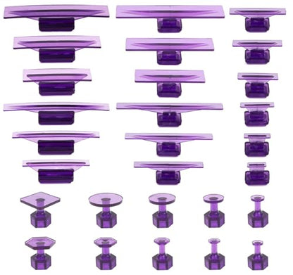 28Pc Dent Puller Glue Tabs, Car Body Dent Removal Pulling Hail Tabs | PDR Dent Hail Tabs, Paintless, ABS, Reusable, For Metal Body, Flat/Mild Curve, Small-Med Dents, Alcohol Release, Purple