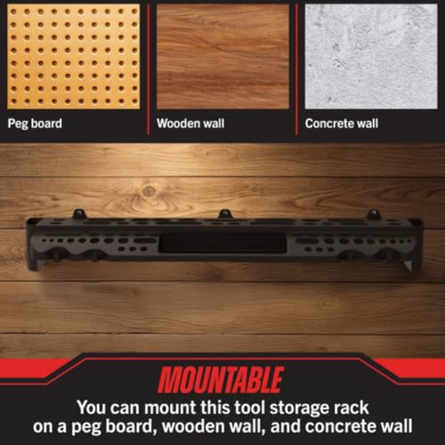 Hand Tool Organizer – Wall Mount Screwdriver Holder with 61 Holes, 4 Hooks and 2 Compartments, Utility Shelf Pliers Rack and Tools Storage Rack Organizer for Garage, Workshop, Shed, Home by Stalwart