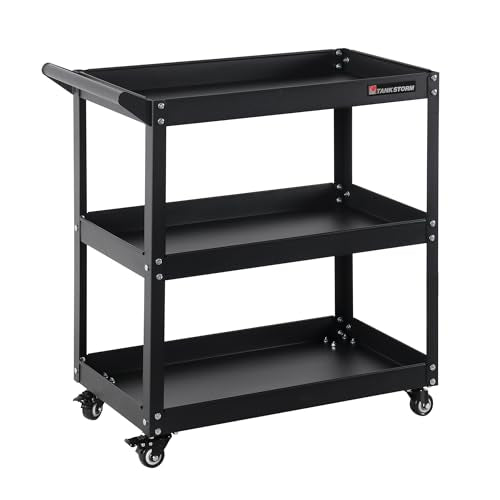 3 Tier Heavy Duty Rolling Tool Cart, Industrial Steel Service Cart for Garage, Workshop, Warehouse, 330LBS Capacity, Black Mechanics Tool Trolley with Wheels and Handle