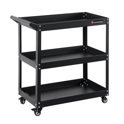 3 Tier Heavy Duty Rolling Tool Cart, Industrial Steel Service Cart for Garage, Workshop, Warehouse, 330LBS Capacity, Black Mechanics Tool Trolley with Wheels and Handle
