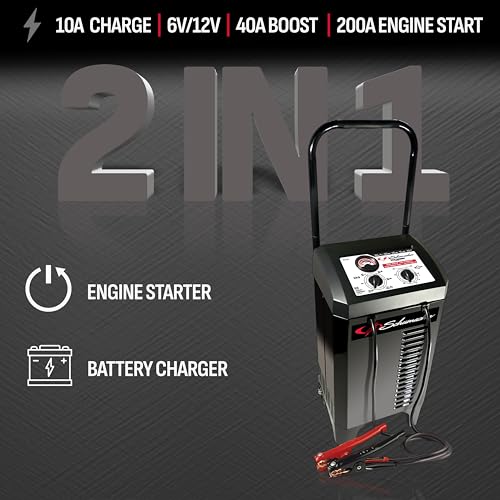 Schumacher Electric Wheeled Manual 10A Car Battery Charger and 200A Engine Starter, 2-in-1 Solution, 40A Boost, for 6V/12V Power Sport, Automotive, and Marine Batteries, SC1446 - style: 200 Amp