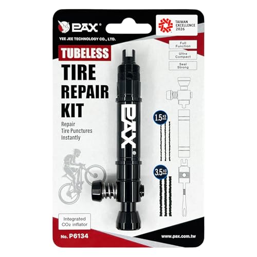 PAX 4-in-1 Tubeless Bike Tire Puncture Repair Kit - Includes CO2 Inflator Head, Presta Valve Core Remover, 5mm Hex Key & Tire Plugger. Lightweight Aluminum for MTB & Road Bicycles