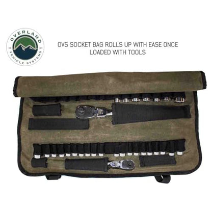 Overland Vehicle Systems Rolled Socket Organizer Storage Bag - #16 Premium Waxed Canvas - Storage for 50 sockets and 10 extra storage pockets for Ratchets