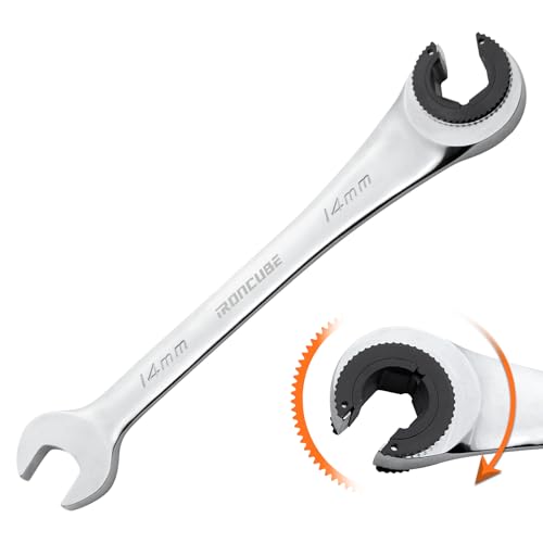 ironcube 14mm Brake Line Wrench Set: Metric Ratcheting Open-end for Nuts on Fuel, Brake or Air Conditioning Lines - size: 14mm